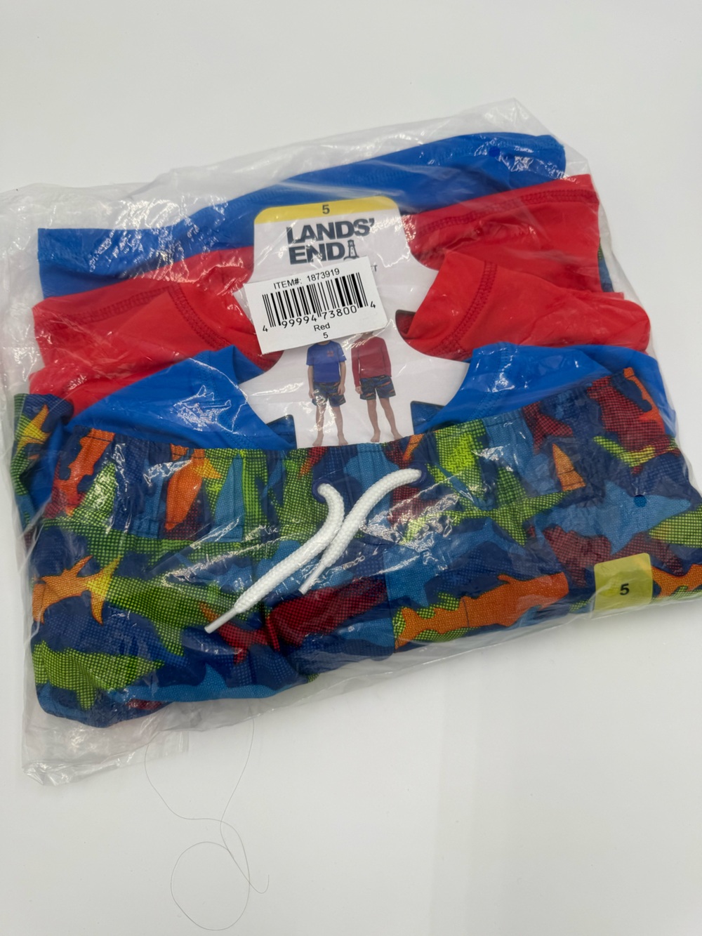 Lands' End Boys Shark 3-Piece Swim Set UPF 50 Rash Guards Trunks Size 5